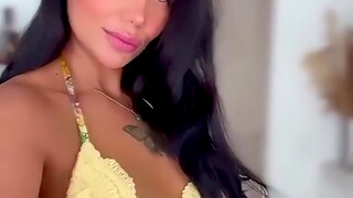 Tattooed wife with big tits wearing yellow lingerie having fun